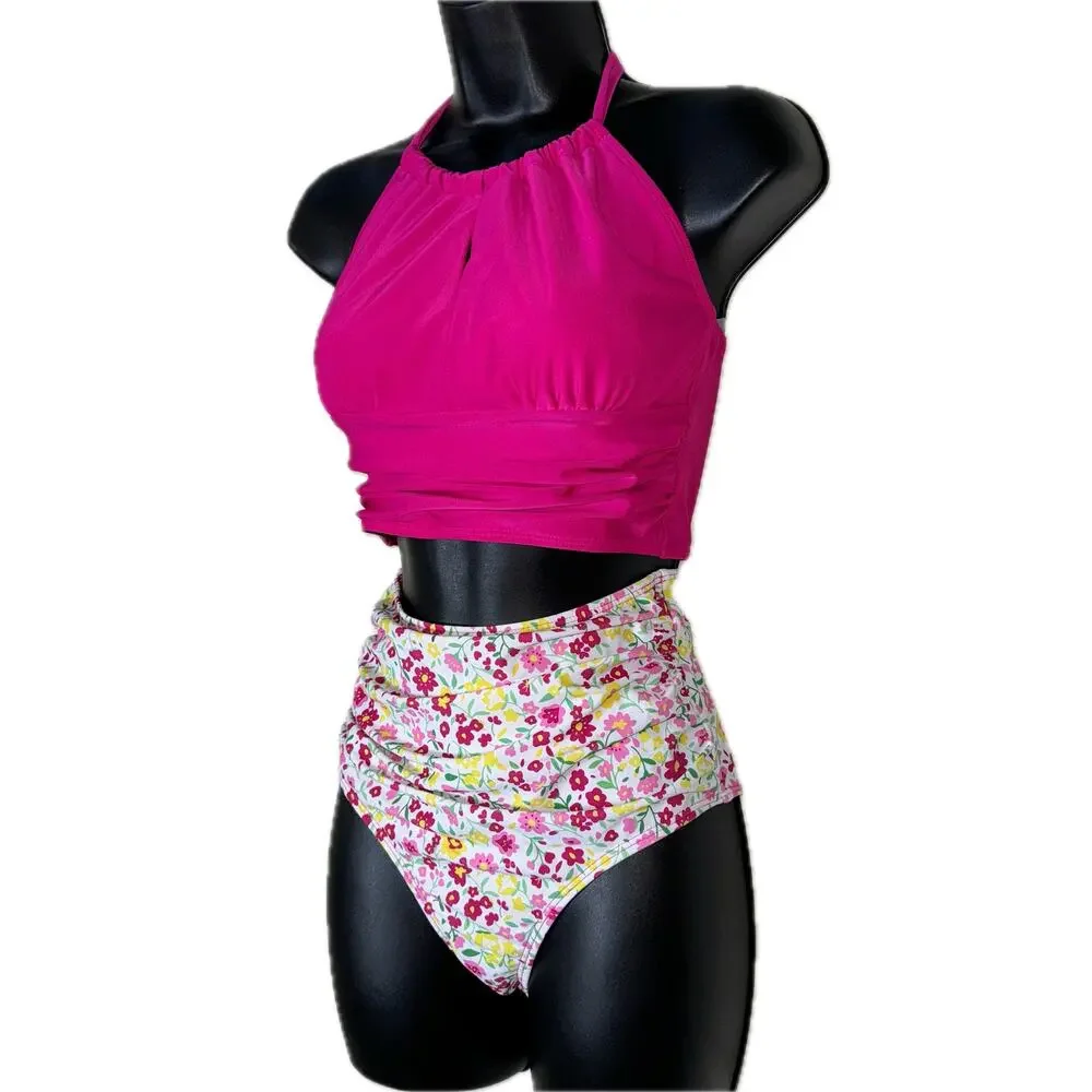 New Small Tankini‎ 2 Piece Swimsuit Swim Beach Floral Pink Halter High